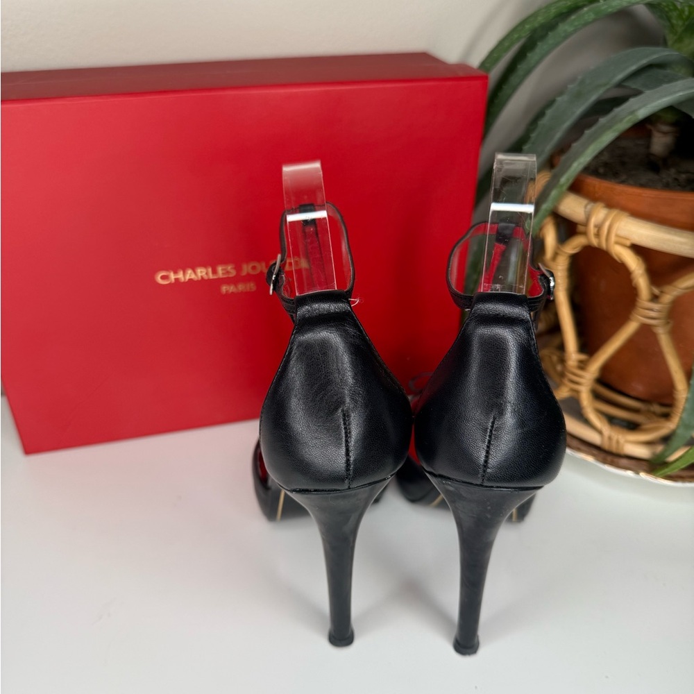 Charles Jourdan Paris Black Leather Ankle Strap Peep Toe Heels Bow Detail 8.5M - Picture 3 of 13